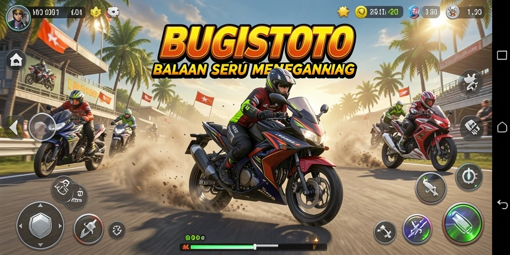 Gameplay intens dalam BUGISTOTO dengan aksi balapan motor.