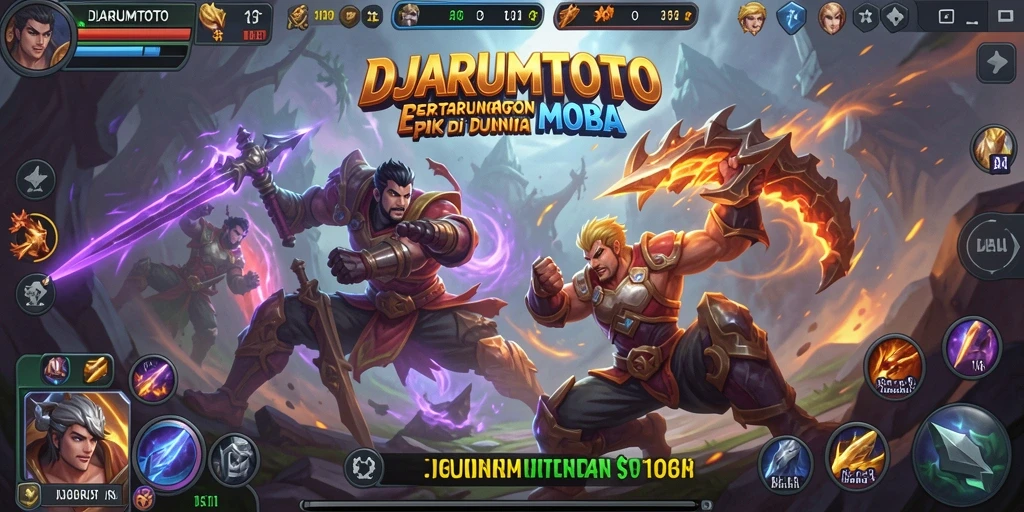 Screenshot utama DJARUMTOTO menunjukkan aksi seru dalam pertarungan MOBA.