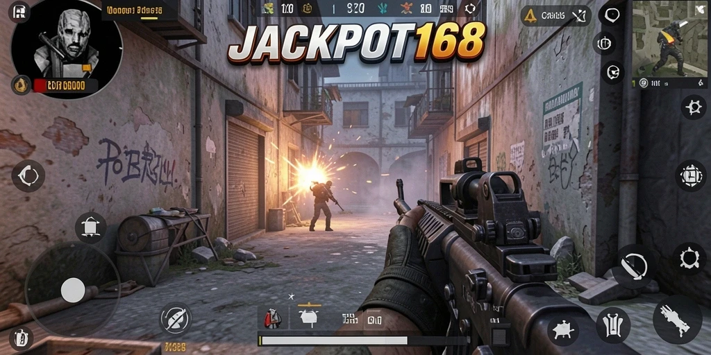 Screenshot menunjukkan aksi intens dari gameplay FPS di JACKPOT168.