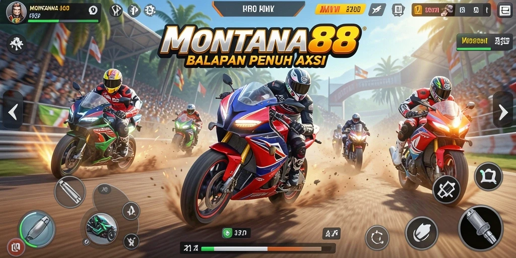 Tangkapan layar gameplay MONTANA88 menampilkan balapan motor yang menarik.