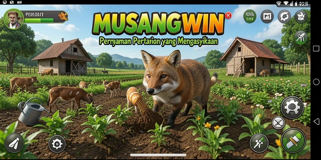 Screenshot MUSANGWIN menunjukkan aksi seru saat bertani dan mengelola ladang.