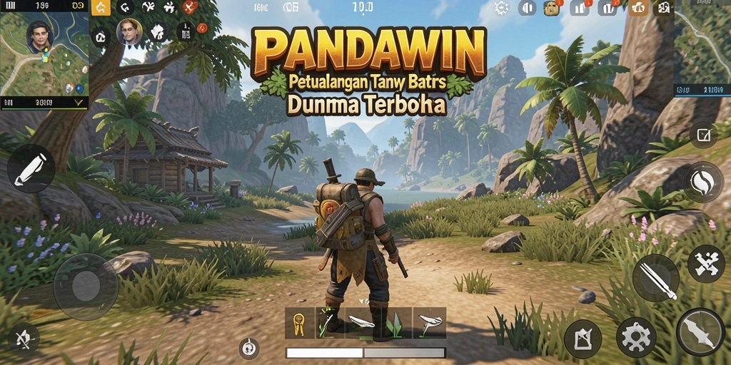 Tangkapan layar utama menunjukkan pengalaman menjelajah di dunia terbuka PANDAWIN.