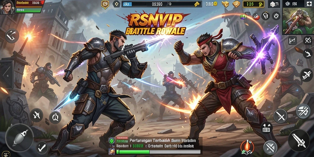 Menampilkan gameplay aksi intens dalam pertarungan Battle Royale.
