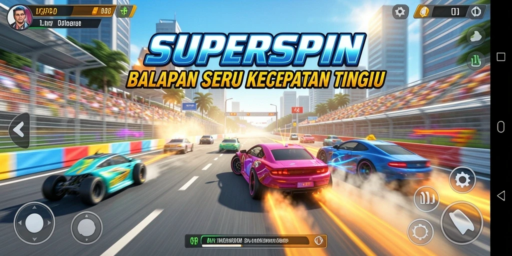 Tampilan menarik gameplay balapan yang menegangkan di SUPERSPIN.